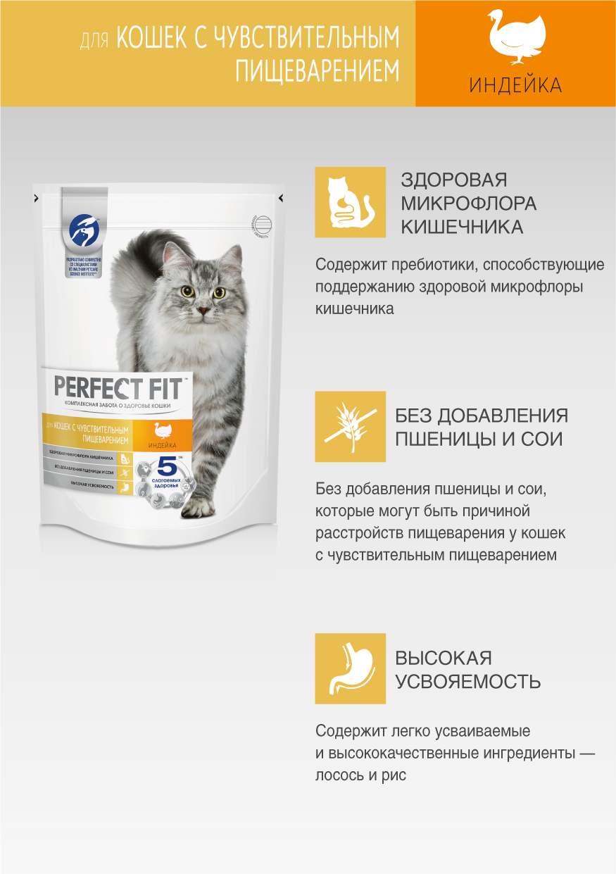 Perfect Fit корм для взрослых кошек всех пород, чувствительное пищеварение, индейка / 650 гр