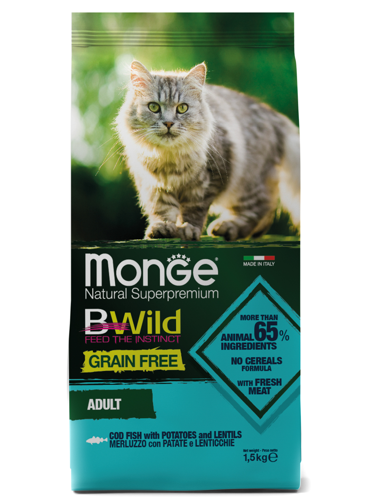 Monge Cat BWild GF корм для взрослых кошек всех пород, беззерновой, треска, картофель и чечевица (1,5 кг)
