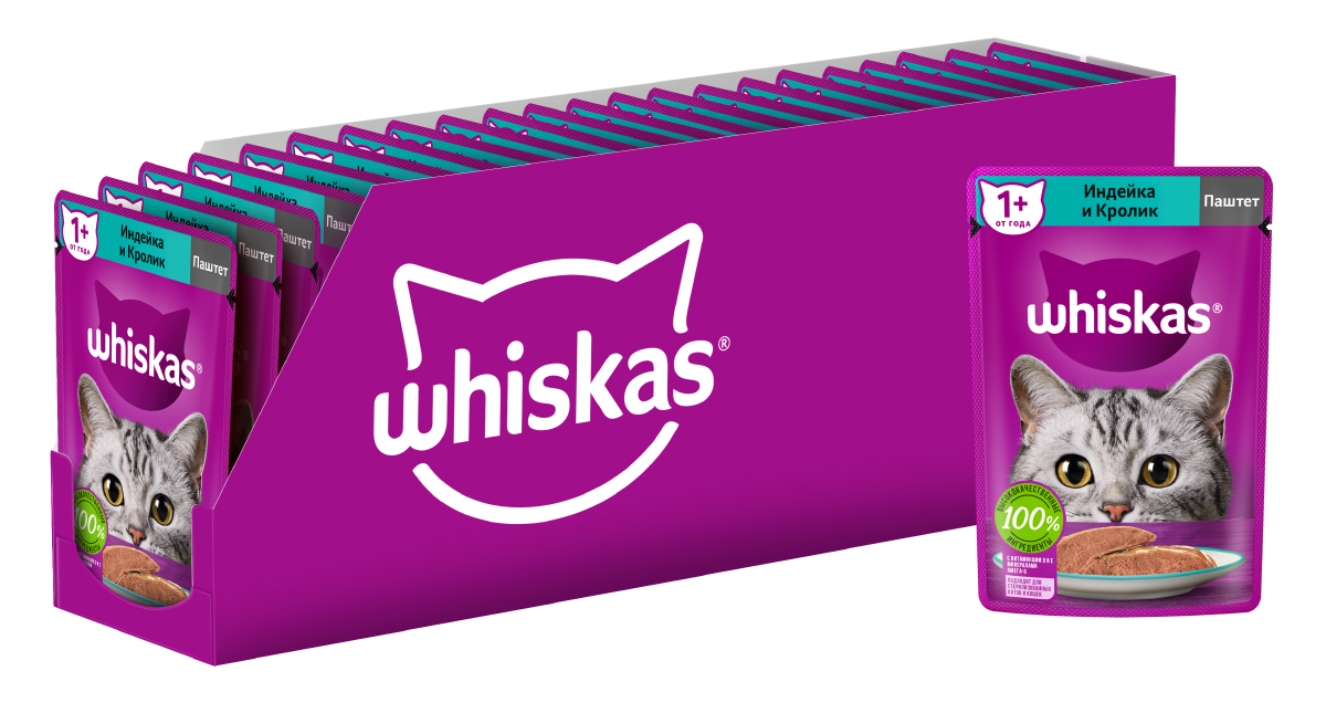 Whiskas влажный корм для кошек, паштет с индейкой и кроликом (24шт в уп) (75 гр)