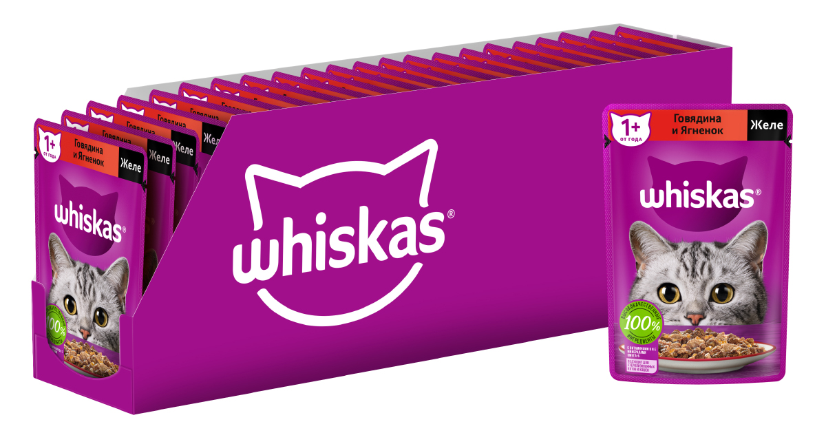 Whiskas влажный корм для кошек, желе с говядиной и ягненком (28шт в уп) (75 гр)