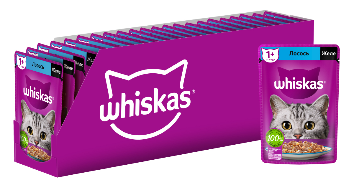 Whiskas влажный корм для кошек, желе с лососем (28шт в уп) (75 гр)