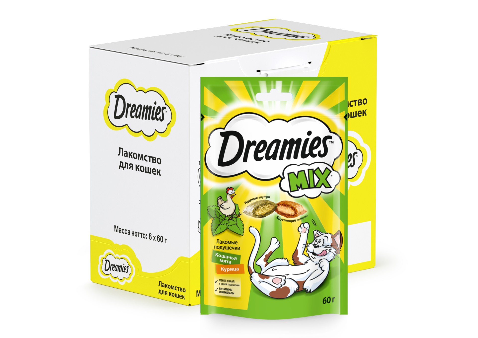 Dreamies лакомство для кошек, подушечки с курицей и кошачьей мятой (6шт в уп) (60 гр)
