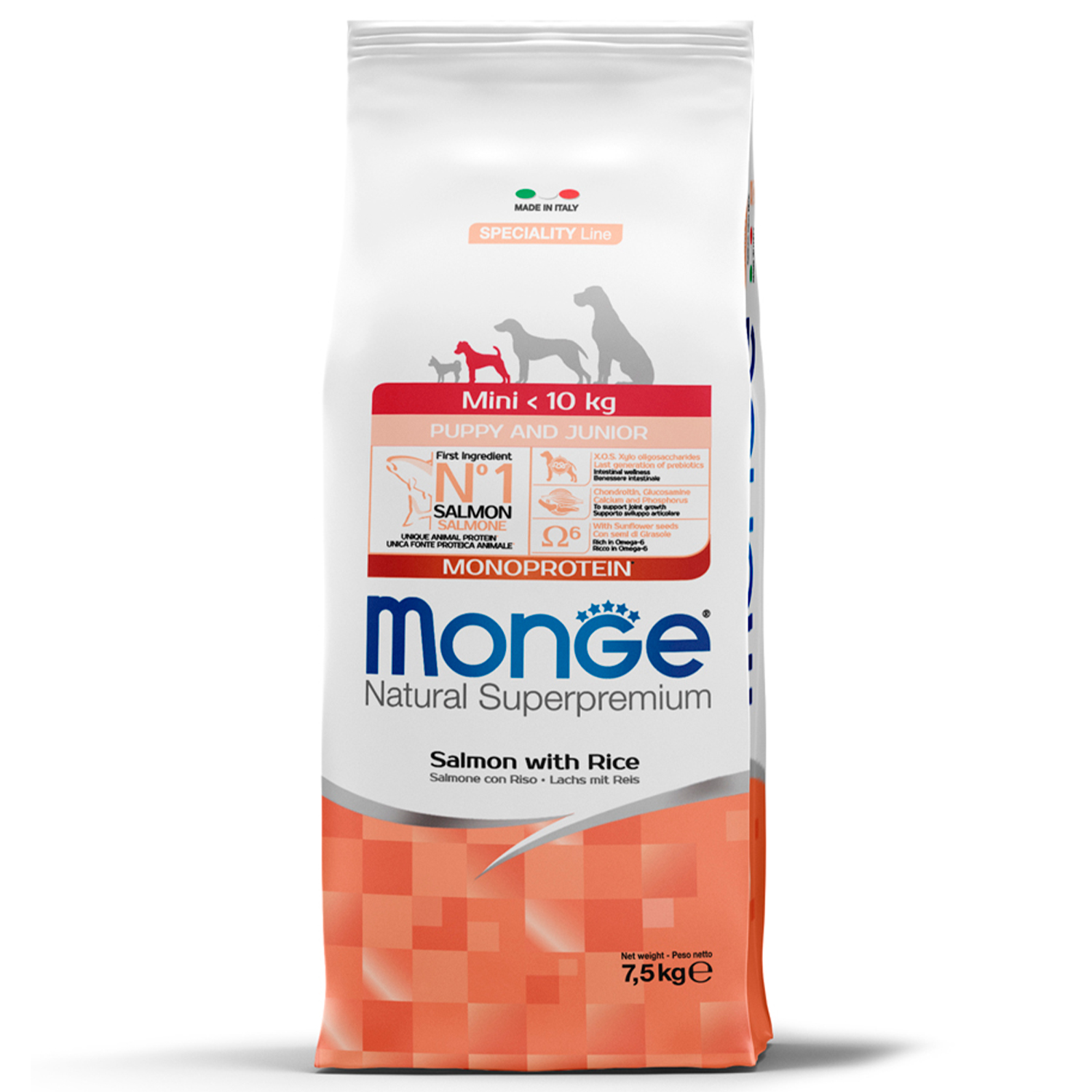 Monge Dog Speciality Line Monoprotein корм для щенков малых пород, из лосося с рисом (7,5 кг)
