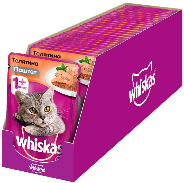 Whiskas влажный корм для взрослых кошек всех пород, мясной паштет с телятиной (85 гр)