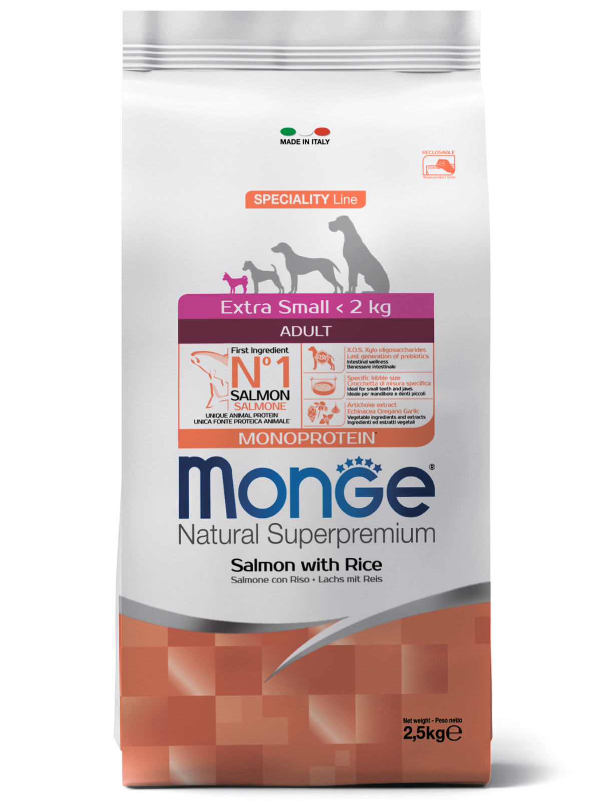 Monge Dog Speciality Extra Small корм для взрослых собак миниатюрных пород, лосось с рисом (2,5 кг)