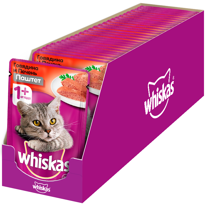 Whiskas влажный корм для взрослых кошек всех пород, мясной паштет из говядины с печенью (85 гр)