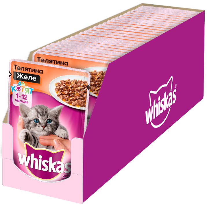 Whiskas влажный корм для котят всех пород, с телятиной (28шт в уп) (85 гр)