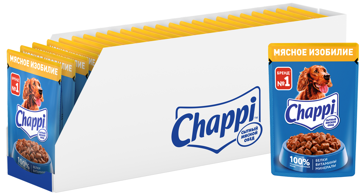 Chappi Сытный Мясной Обед, влажный корм для взрослых собак всех пород, мясное изобилие (28шт в уп) (85 гр)