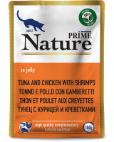 137.6.5257    PRIME NATURE пауч 100гр в желе Тунец с курицей и креветками дкошек (уп24)