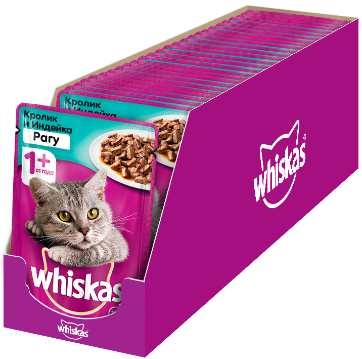 Whiskas влажный корм для взрослых кошек всех пород, рагу с кроликом и индейкой (24шт в уп) (85 гр)