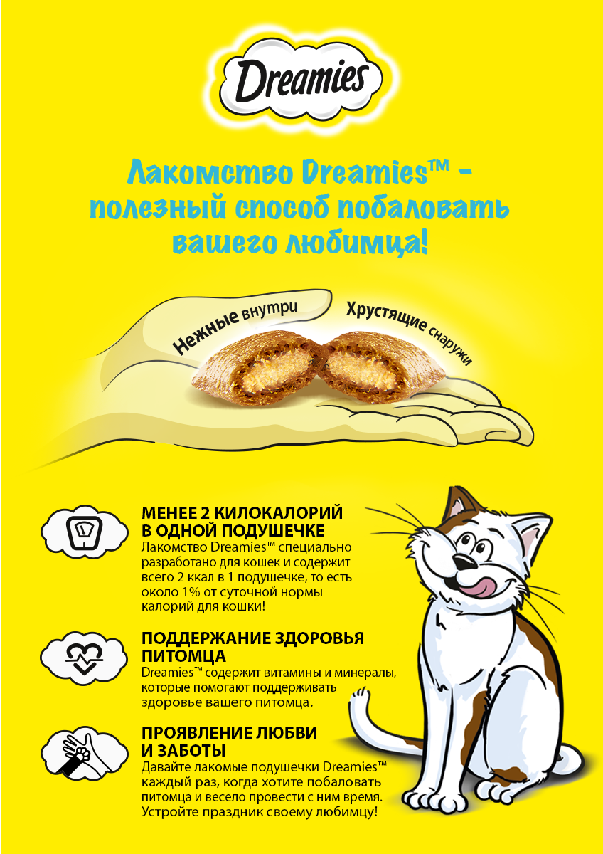 Dreamies лакомство для кошек, подушечки с курицей и кошачьей мятой (6шт в уп) / 60 гр