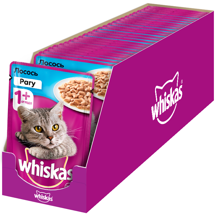 Whiskas влажный корм для взрослых кошек всех пород, рагу с лососем (28шт в уп) (85 гр)