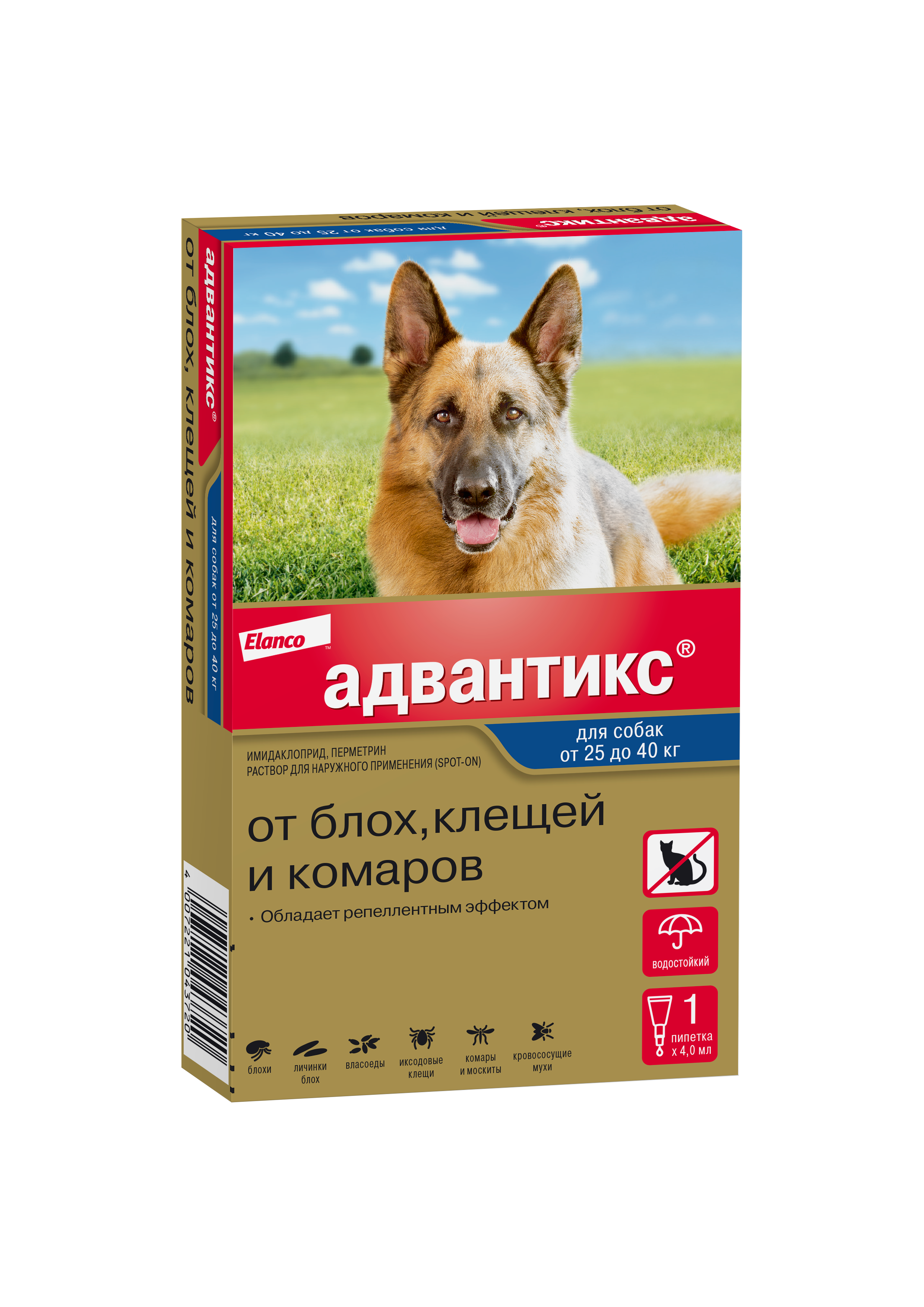 Elanco Адвантикс капли для щенков и собак от 25 до 40 кг, от клещей, блох и комаров (1 пипетка)
