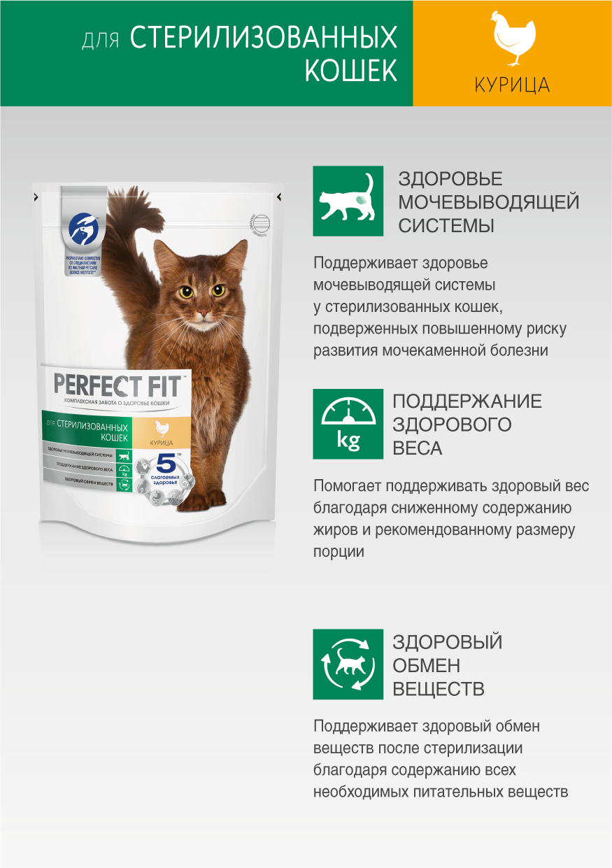 Perfect Fit корм для взрослых стерилизованных кошек всех пород, курица / 650 гр