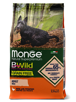 Monge Dog BWild Grain Free корм для собак всех возрастов малых пород, беззерновой, утка с картофелем