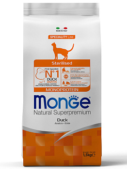 Monge Cat Monoprotein корм для стерилизованных взрослых кошек всех пород, утка