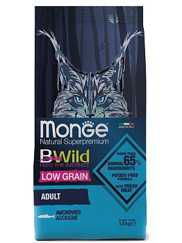 Monge Cat BWild Low Grain корм для взрослых кошек всех пород, с анчоусами