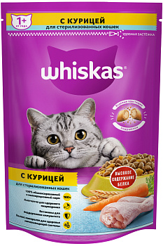 Whiskas корм для взрослых стерилизованных кошек всех пород, подушечки с курицей